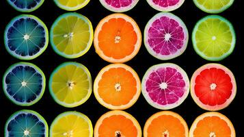 plakjes van citroen, limoen, oranje en grapefruit Aan een zwart achtergrond. ai generatief foto