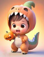 3d schattig weinig jongen met grappig dinosaurus kostuum met halloween thema foto