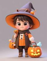 3d schattig weinig jongen met grappig tovenaar kostuum voor halloween partij foto