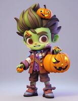 3d schattig weinig jongen met grappig zombie kostuum voor halloween partij foto