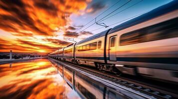 hoog snelheid trein in beweging vervagen. trein Aan de spoorweg foto