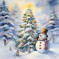 sneeuwman De volgende naar de Kerstmis boom, waterverf stijl. generatief ai foto