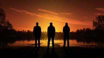 mannen s silhouetten naast de meer gedurende zonsondergang foto