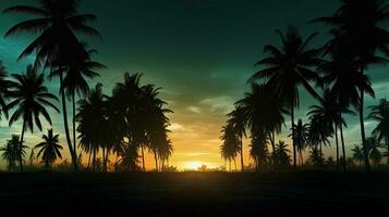 tropisch kokosnoot palm olie boerderij met hoog boom silhouetten en vers bladeren Aan een tropisch kust foto