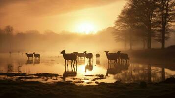 schapen Aan nevelig ruhr weiden in duisburg. silhouet concept foto