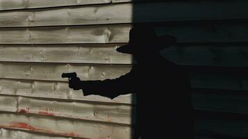 silhouet van een gewapend mannetje Aan een houten hek foto