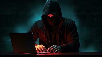 anoniem donker figuur met boksen handschoenen innemend in cyber misdrijf en malware activiteiten met een focus Aan internet hacken en systeem ontregeling. silhouet concept foto