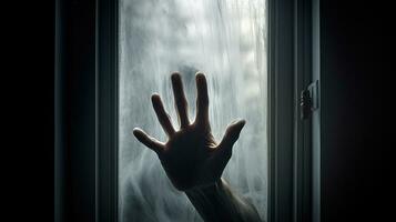 hand- silhouet achter venster of glas deur vertegenwoordigen angst of terreur foto