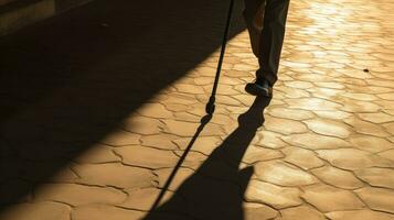 hinken persoon met riet schaduw Aan grond symboliseert onbekwaamheid oud leeftijd blindheid intens leven. silhouet concept foto