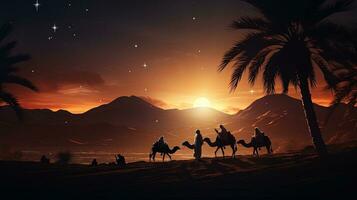 avond woestijn geboorte tafereel gedurende kerstmis. silhouet concept foto