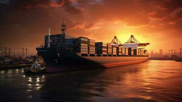 zonsondergang aankomst van een houder schip in haven. silhouet concept foto