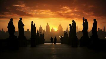 silhouetten van standbeelden en daken van stadsgezicht Bij Charles brug in Praag Tsjechisch republiek verlichte door de zonsondergang foto