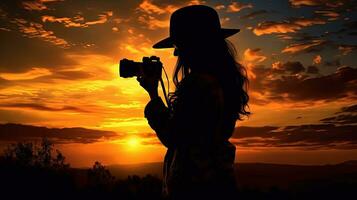 zonsondergang silhouet van een meisje fotograaf foto