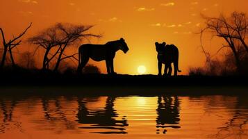 leeuwen silhouet weerspiegeld in water gedurende Afrikaanse safari foto