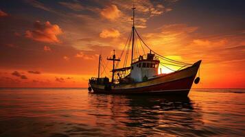 Thais visvangst boot Aan zonsondergang huahin Thailand met een onderscheiden schets. silhouet concept foto