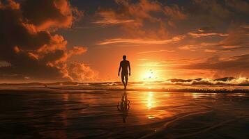 surfer jongen silhouet Bij strand zonsondergang foto