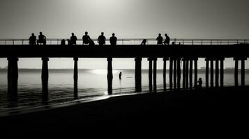 zwart en wit fotograaf van mensen resting Aan een zee pier. silhouet concept foto
