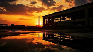 zonsondergang verlicht uitgestorven industrieel gebouw. silhouet concept foto