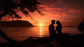strand zonsondergang creëert romantisch silhouet van paar foto