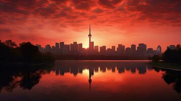 rood afgezwakt silhouet van Toronto zonsopkomst over- meer foto