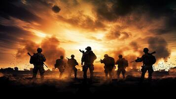 een beeld van soldaten in strijd temidden van explosies en rook. silhouet concept foto