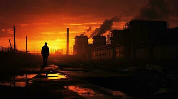 zonsondergang verlicht uitgestorven industrieel gebouw. silhouet concept foto