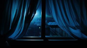 halloween nacht griezelig venster met blauw gordijn leeg ruimte voor kopiëren. silhouet concept foto