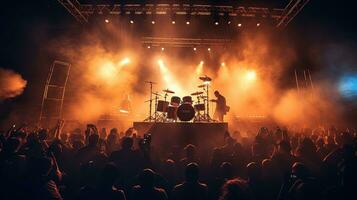 leven trommel Aan stadium met schijnwerpers verhelderend rook muziek- en concert achtergrond. silhouet concept foto