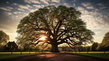 oude eik boom in de dorp. silhouet concept foto