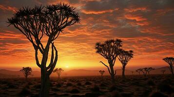 zonsopkomst in Namibië zuidelijk Afrika met Pijlkoker bomen silhouet Bij dageraad wolken foto