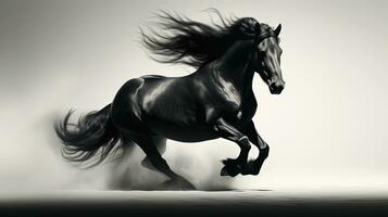 snel galopperen zwart en wit paard gieten schaduw terwijl kunst minimalistisch. silhouet concept foto