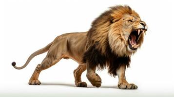 volwassen mannetje leeuw panthera Leo jumping met Open mond Aan wit achtergrond. silhouet concept foto