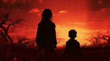 twee kinderen contouren in voorkant van rood lucht en gras. silhouet concept foto