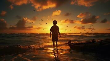 jongen s schets in zonsondergang Aan de zee. silhouet concept foto