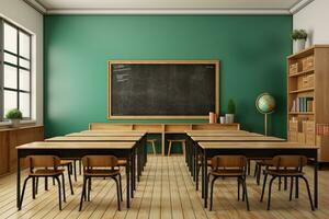 foto klas interieur met school- bureaus stoelen en groen bord leeg school- klas