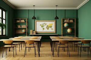 foto klas interieur met school- bureaus stoelen en groen bord leeg school- klas