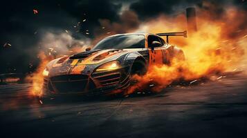 brandend sport- auto Aan de weg foto