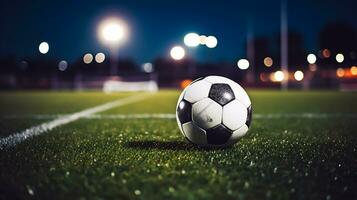 voetbal bal Aan groen gras van Amerikaans voetbal stadion Bij nacht met lichten foto