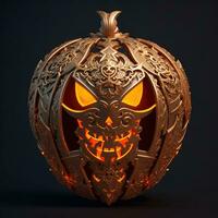 3d gesneden gotisch halloween pompoen jack O lantaarn met onheil ogen en gezicht foto