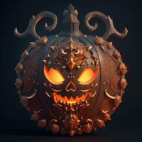3d gesneden gotisch halloween pompoen jack O lantaarn met onheil ogen en gezicht foto