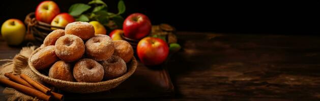 appel cider donuts achtergrond met leeg ruimte voor tekst foto