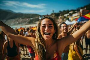 Colombiaanse strand voetbal fans vieren een zege foto