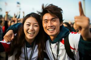 Japans strand voetbal fans vieren een zege foto