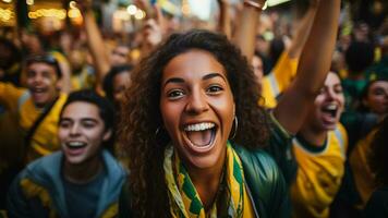 braziliaans Amerikaans voetbal fans vieren een zege foto