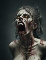 schaars zombie met bloederig gezicht buitenshuis, detailopname. halloween monster foto