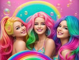 mooi Dames gestileerd Leuk vinden poppen met regenboog kleuren foto