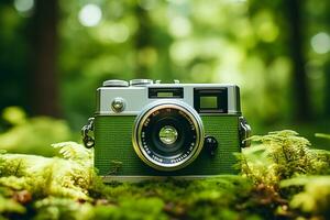 groen camera Aan gras met natuur bokeh achtergrond. natuur concept. foto