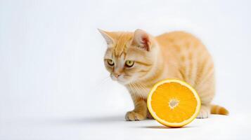 een oranje gestreept kat zittend Aan een wit achtergrond ai generatief foto