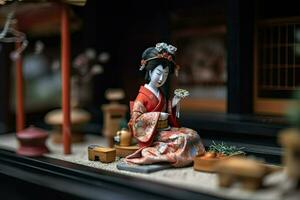 miniatuur geisha in kimono. Japans Aziatisch diorama. klein vrouw in traditioneel kostuum gemaakt met generatief ai technologie foto