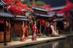 miniatuur geisha in kimono. Japans Aziatisch diorama. klein vrouw in traditioneel kostuum gemaakt met generatief ai technologie foto